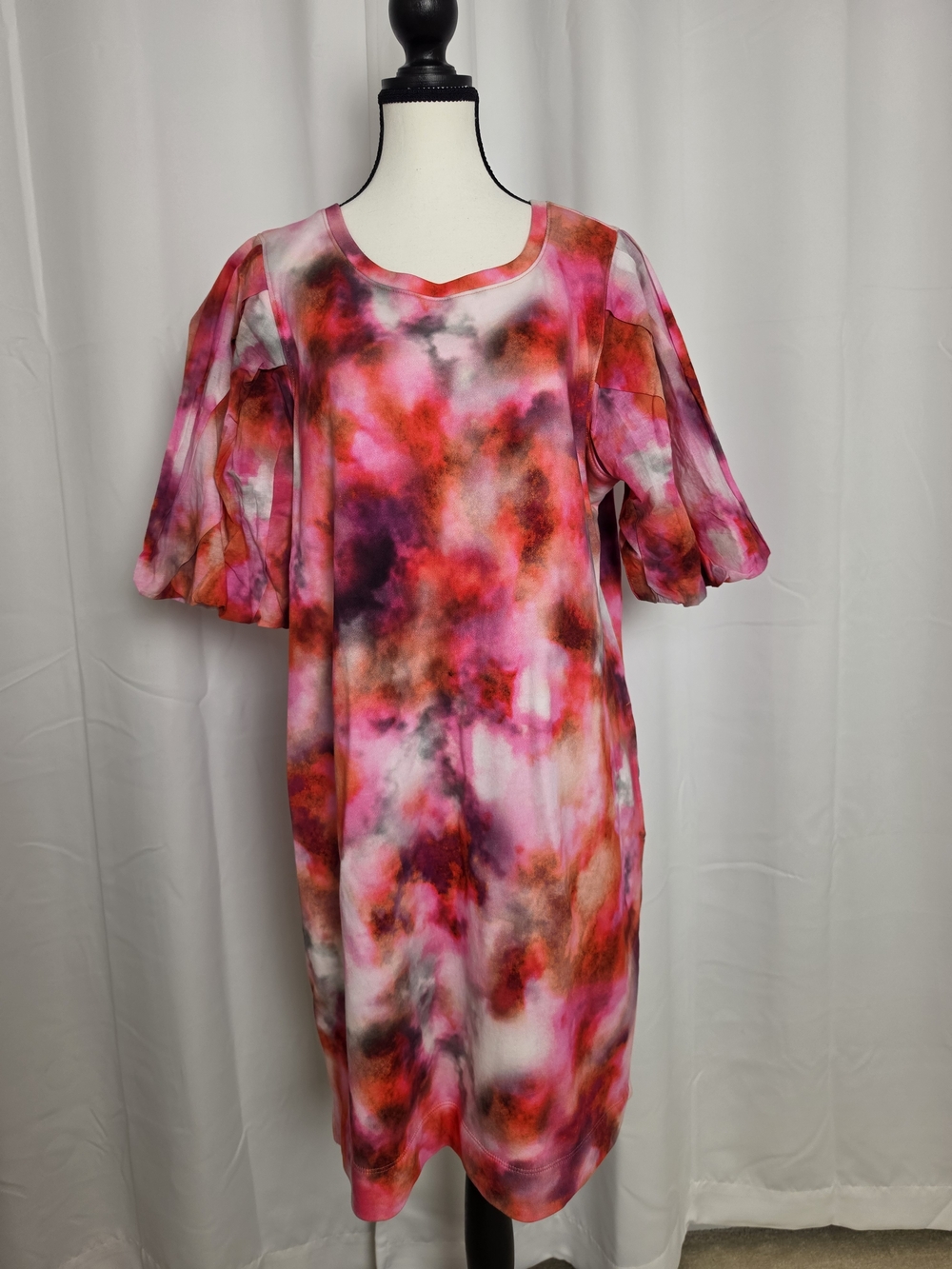 Chico's Pink, Red and Orange Tie-Dye Puff Sleeve Midi Dress